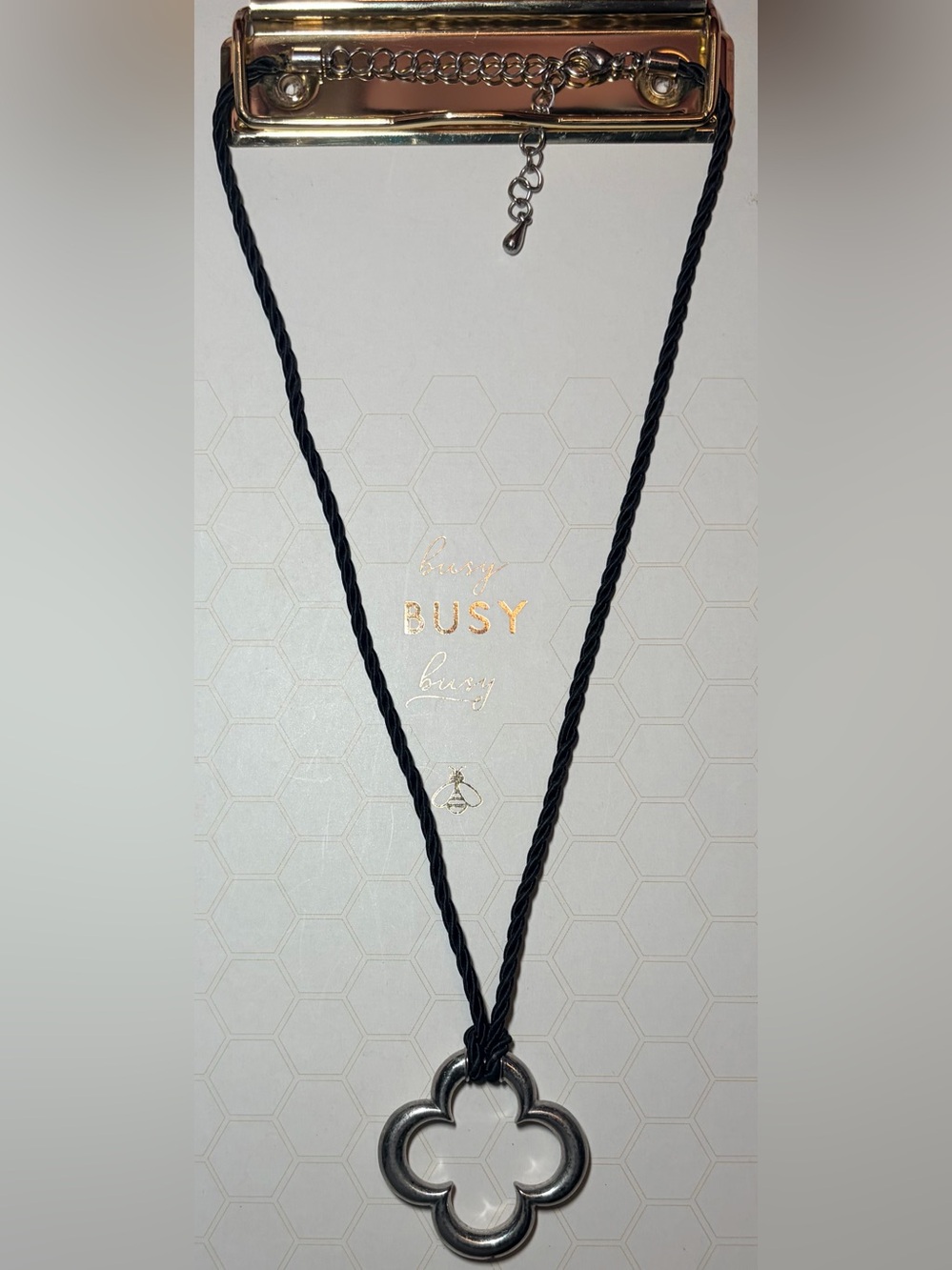 Black Cord Necklace with Silver Clover Pendant